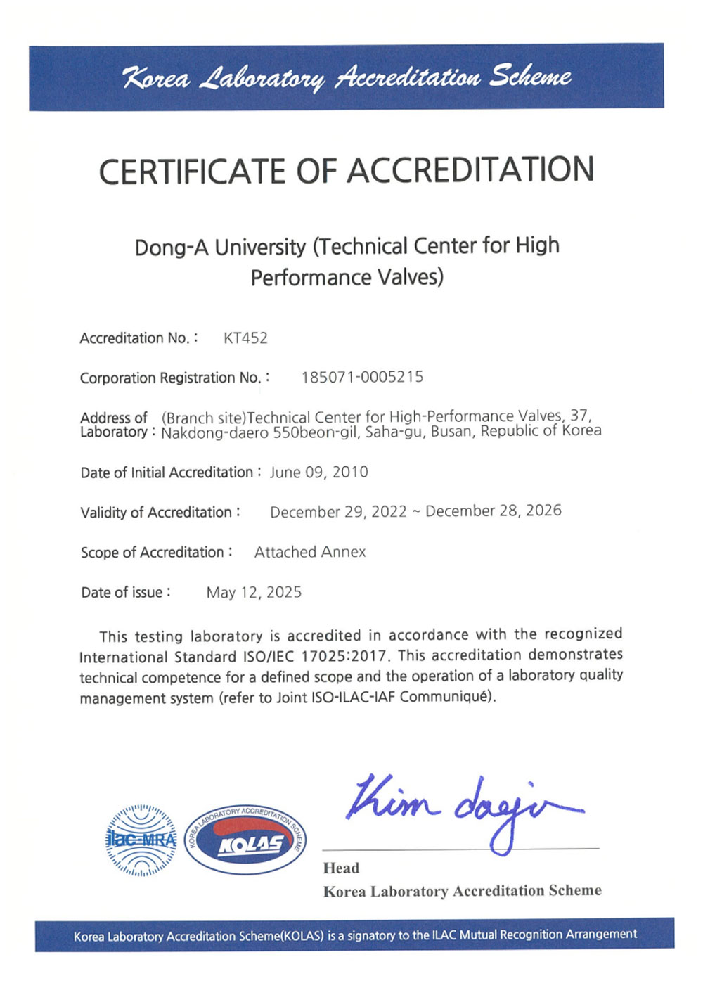 KOLAS accredited testing laboratory certificate